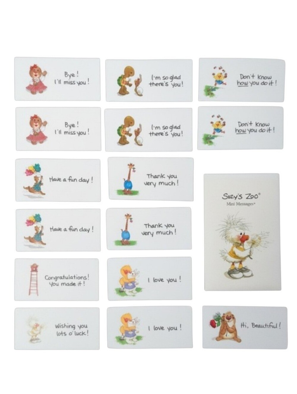 Suzy's Zoo Vintage 1990s Mini Messages 4x2 Enclosureβ Greeting Cards (Set of 15)